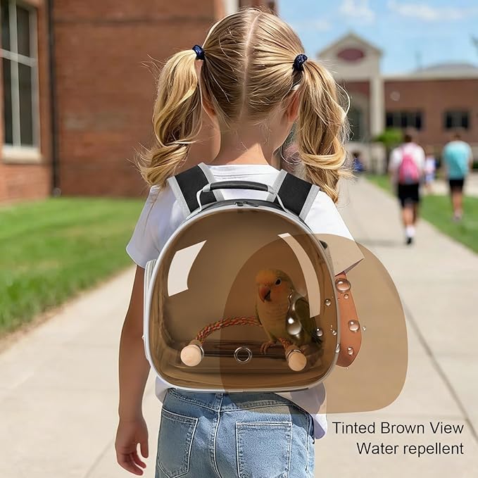 Bird Travel Backpack Carrier with Metal Tray and Standing Perch, Polarized Tint Brown Space Capsule Astronaut Bubble Hard Window