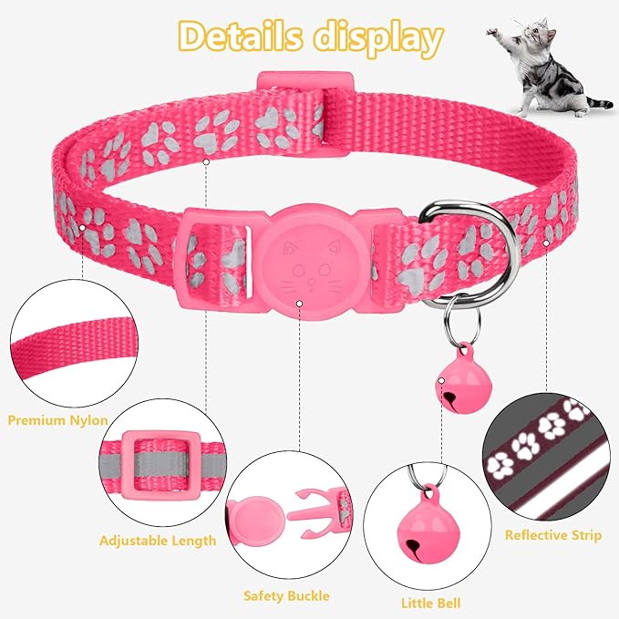 Taglory Reflective Cat Collar Breakaway with Bell, High Visibility Night Strip, Lightweight Adjustable Nylon Collar for Boy Girl Cats, 2 Pack, 7.5-12.5 Inch, Pink