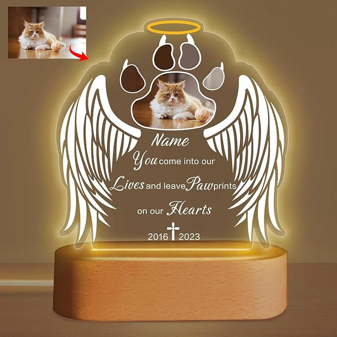 Custom Pet Memorial Night Light Gift Personalized Dog Cat Acrylic Plaque Photo Frame Sympathy Gift Condolence Gifts with Picture Name Date(Cat Paw Wing)