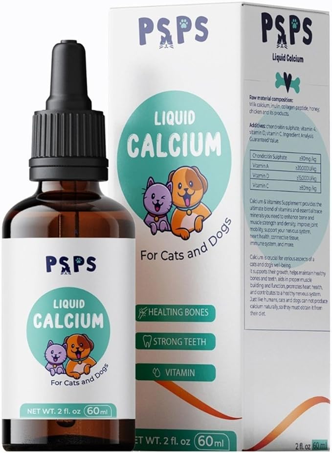 Calcium Liquid for Dogs & Cats - Multivitamin for Dog - Calcium for Dogs - Fortified Vitamins A, C & D - Bone & Teeth Health, Immune Support, and Overall Pet Wellness – 2 Fl. Oz.