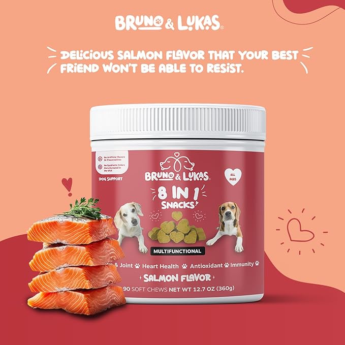 Multivitamin for Dogs – 8-in-1 Dog Multivitamins Chewable Supplement with Glucosamine for Joint Pain Relief, Hip & Joint Support, Skin & Coat Supplement with Omega Fish Oil – Salmon Flavor – 90 Chews