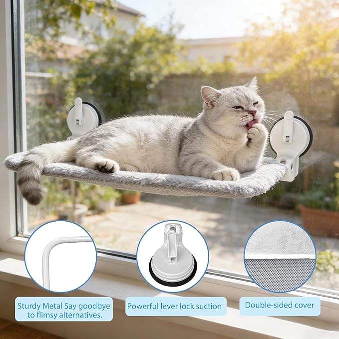 L&W BROS. Cat Window Perch with Lever Lock Suction Cups Holds up to 50 lbs Foldable & Space Saving Design Heavy Duty Window Hammock for Large Cats (L 1Pc)