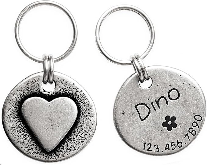 Artistic Handmade Hammered Collar Cat Dog ID Tags with Unique Handcrafted Design and Durable Stainless Steel, Personalized Deep Engraving with Your Own Text (Heart)