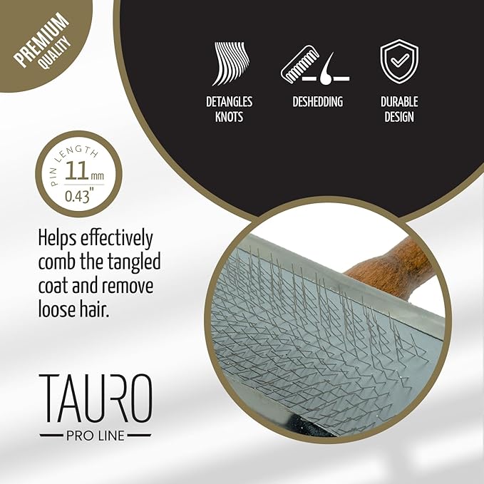 Tauro Pro Line Wooden Brush with Metal Rim for Dogs & Cats, Stainless Steel Pins for Undercoat Removal & Dematting, Grooming Tool for All Coat Types, Ideal for Doodles & Poodles, Medium Size (M)