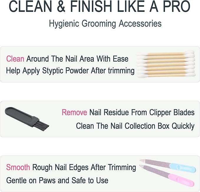 Kitten Nail Clippers Set, Anti-Splatter Nail Clipper with Nail Collector, Safety Nail Trimmer for Kittens, Includes Nail File, Cleaning Brush, Cotton Swabs and Zipper Bag
