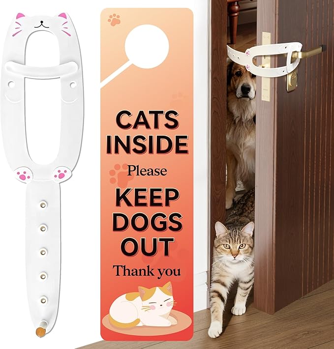 Cat Door Latch, Door Prop for Cats to Keep Dogs Out of Litter Box and Food, Preventing Hand Pinching, Cat Door Stopper with 6 Adjustable Straps 2.5-6.5" Wide, Including Door Plate, White, 1Pc