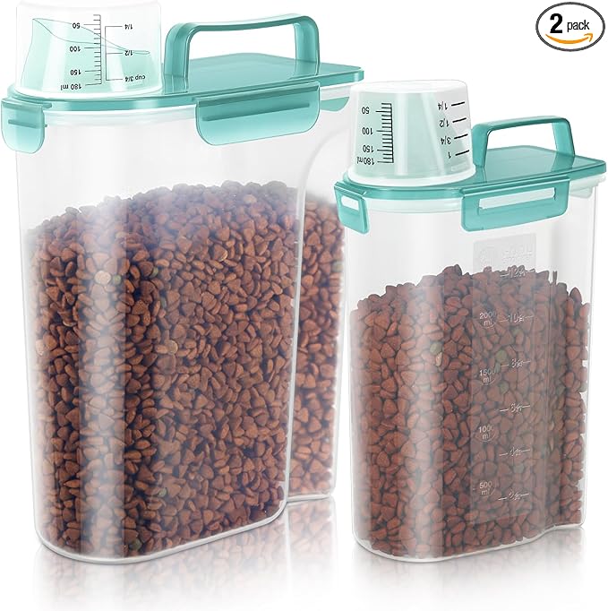 5-7Lbs Dog Cat Food Storage Container with Upgraded Large Nozzle BPA-free, 4 Snap Seals Plastic Pet Food Storage Containers with Handles (Clear Blue, (5L+3L) 2pack)