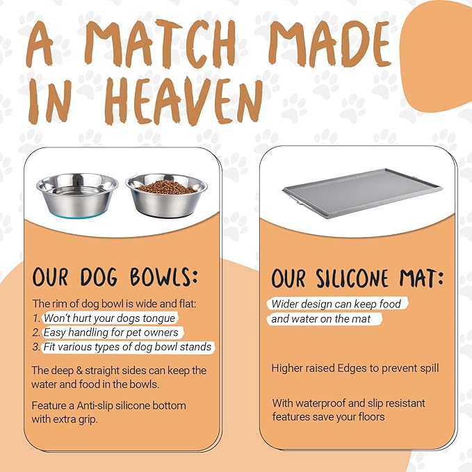 PEGGY11 Deep Stainless Steel Anti-Slip Dog Bowls with Silicone Mat - 2 Bowls + Mat, 2 Cups