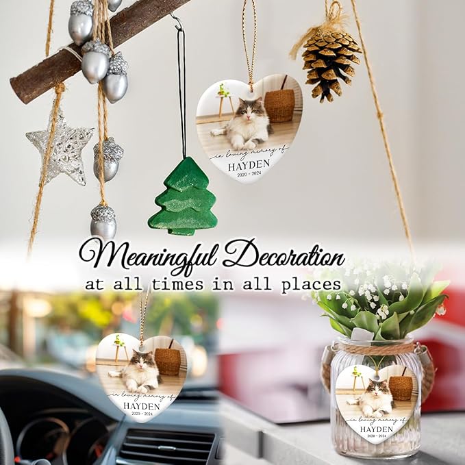 Cat Memorial Ornament - Personalized Ornaments for Loss of Cats - Custom Keepsake w/Name & Photo - in Loving Memory of Your Pets - Kitten, Cat Mom Death - Grief Gift for Pet Lover - Heart Shaped
