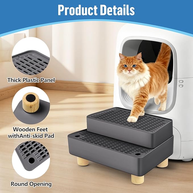Extra Large 2 Steps Cat Litter Box Step Ramp, Cat Litter Catcher Mat with Wooden Feet, Filter Function, Cat's Pedal Stool for Self-Cleaning Litter, Suitable Kitten & Elderly Cats (Dark Grey)