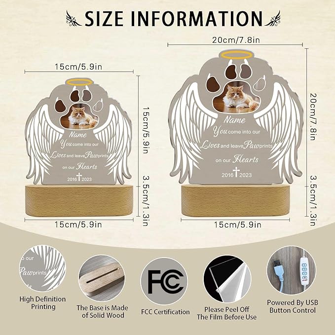 Custom Pet Memorial Night Light Gift Personalized Dog Cat Acrylic Plaque Photo Frame Sympathy Gift Condolence Gifts with Picture Name Date(Cat Paw Wing)