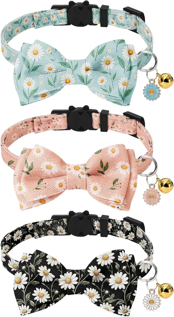 JarThenaAMCS 3 Pcs Daisy Flower Cat Collar with Breakaway Bell Bow Tie Pink Blue Black Floral Adjustable Kitten Collars for Spring Summer Girl Boy Cats Small Pet Party