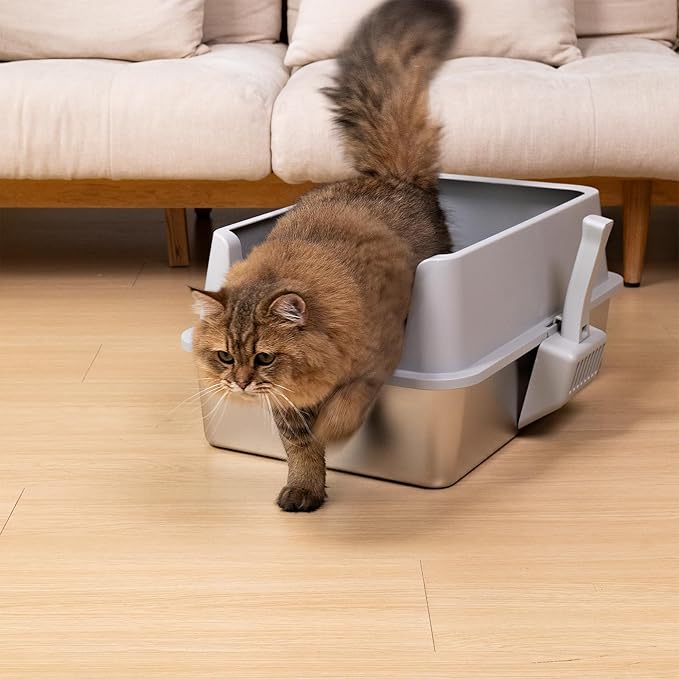 XL Stainless Steel Litter Box with Lid, Extra Large High Sided Metal Cat Litter Box with Mat and Scooper, Easy Clean, Non Stick & No Smell