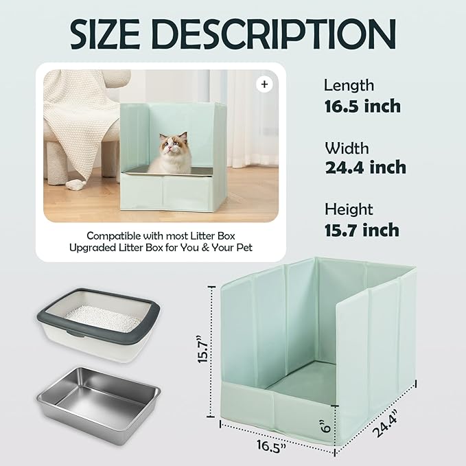 MEEXPAWS Cat Litter Box Enclosure Splash Guard Foldable 24.4 x 16.5 x 15.7 inch, Cat Litter Pee Shield Fully Waterproof Seamless, No Assembly Required, Portable, Wall Protector