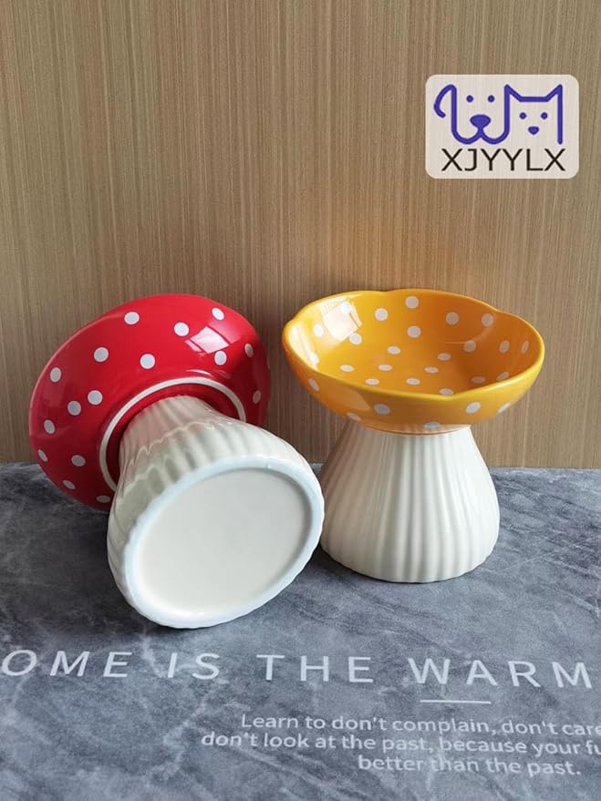 Elevated Mushroom Cat Bowls Ceramic, Raised Cat Bowl for Indoor Cats, Cute Whisker Fatigue Cat Bowl, Raised Dog Bowl Stand for Food and Water, Red 6" Wide for Adult Cats