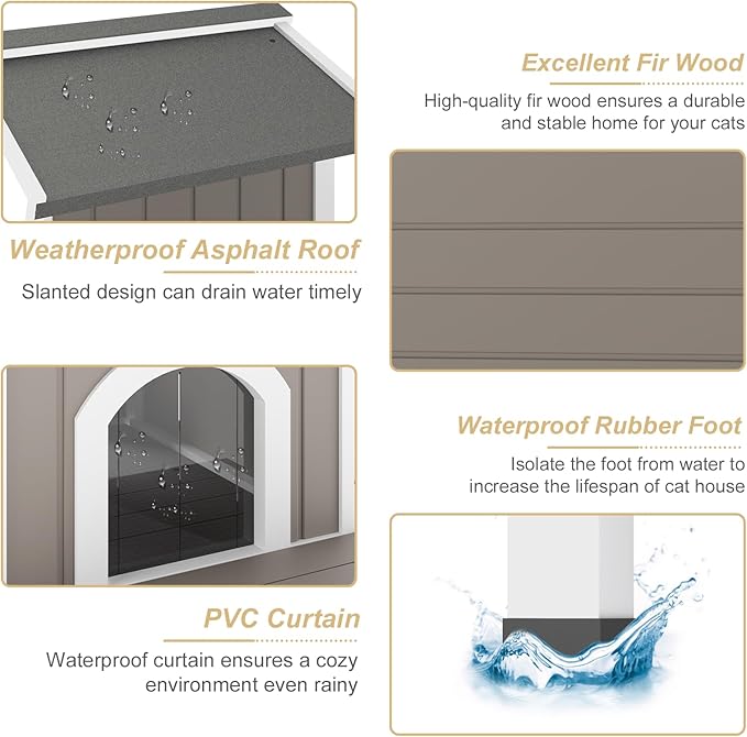 Cat House with Dual Escape Doors,Fir Wood Feral Cat Shelter for 1-2 Cats with Large Balcony,Weatherproof Feral Cat Enclosure with Elevated Floor|Openable Roof for Indoor Outdoor,Grey