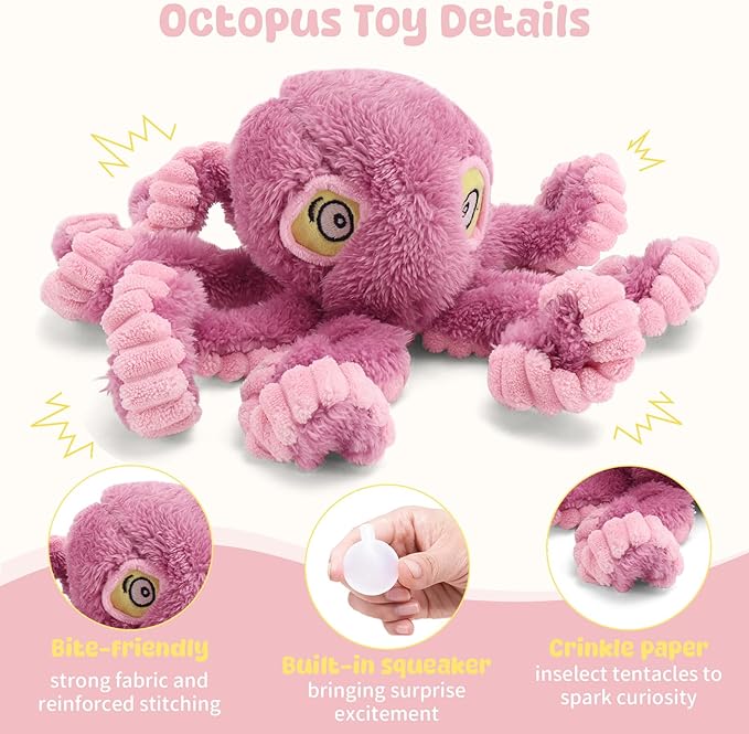 Squeaky Dog Toy for Puppy Teething, Plush Octopus Dog Toy, Puppy Chewing Toy, Soft Stuffed Chew Toys for Small Dogs Training and Keep Them Busy, Pink