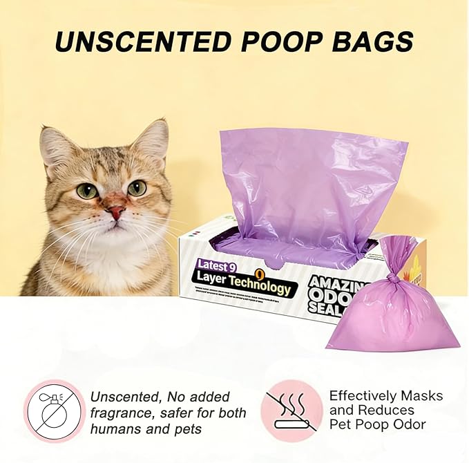Odor-Sealing Cat Litter Bags - 100 Count Unscented Cat Poop Bags with Strong Odor Control, Leakproof & Durable Pet Waste Bags (Size:XL, Color: Purple)