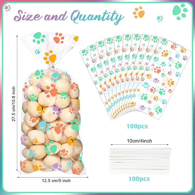 Blulu 100 Pieces Dog Treat Bags Puppy Party Favor Pet Paw Cone Cellophane Bags Candy Heat SealableDog Paw Gift with 100 Pieces Silver Twist Ties for Pet Cat Treat Party Favor (Spring Colors)