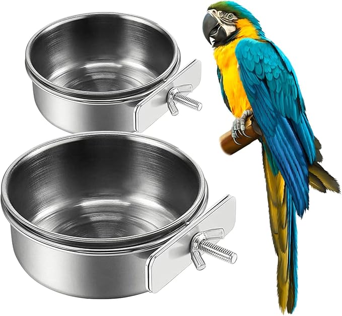 2Pcs Stainless Steel Bird Feeding Bowls, Small Bird Feeding Cup, Stainless Steel Parrot Food Bowl Cage with Holder, Parrot Cage Water Feeder, Pet Cage Cup Holder (Dia 7.09", 4.72",)