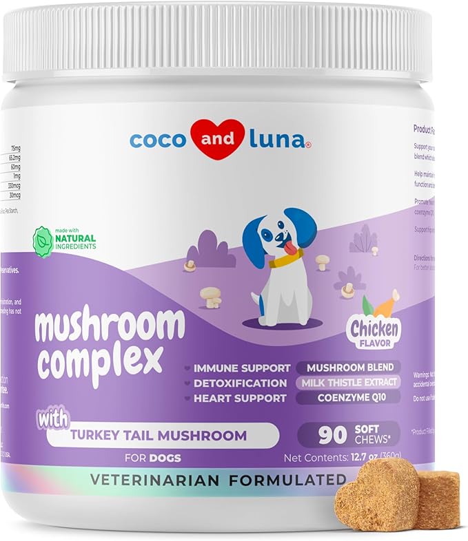 Turkey Tail Mushroom for Dogs - Mushroom Complex for Lumps and Bumps - Reishi, Cordyceps, Lion's Mane, Turkey Tail, Maitake and Shitake with Vitamins, Milk Thistle, Selenium and Coenzyme Q10.