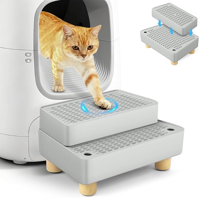 Extra Large 2 Steps Cat Litter Box Step Ramp, Cat Litter Catcher Mat with Wooden Feet, Filter Function, Cat's Pedal Stool for Self-Cleaning Litter, Suitable Kitten & Elderly Cats (Light Grey)