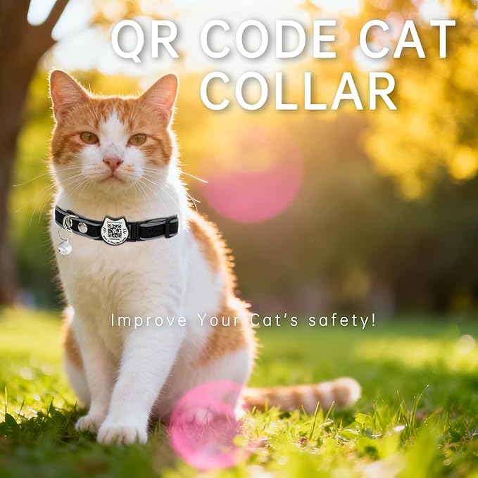 Cat Collar with Bells Reflective Cat Collars Breakaway with Oxford Cloth Soft Padding Adjustable Kitten Collar with QR Code（Black）