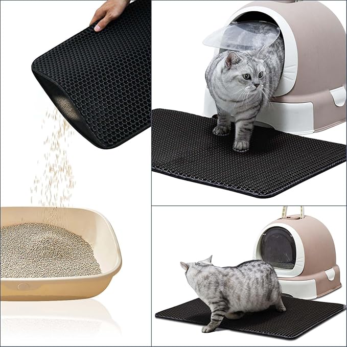 Cat Litter Mat 23.6"x15.7" Double Layer Waterproof & Non-Slip - Honeycomb Washable EVA Litter Mat for Scatter Control, Urine Proof Litter Trapping Mat for Litter Box(Black)