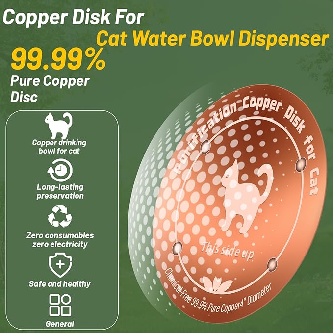 Copper Disk for Cat Water Bowl|4-inch Diameter,0.6mm Thick|99.99% Pure Copper Disc|Automatic Cat Waterer Purification Disk with 4 Point Support|Purify Water All Year Round