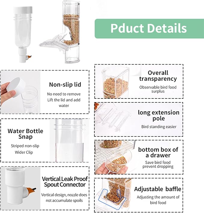 No Mess Automatic Bird Feeder & Water Dispenser Set, Transparent Parrot Cage Accessories - Food Container and Drinker for Parakeets, Cockatiels, Finches, Lovebirds, Budgies, Canaries