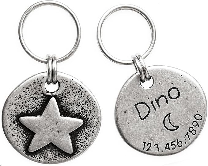 Artistic Handmade Hammered ""Star"" Collar Cat Dog ID Tags with Unique Handcrafted Design and Durable Stainless Steel, Personalized Deep Engraving with Your Own Text, Small, Regular