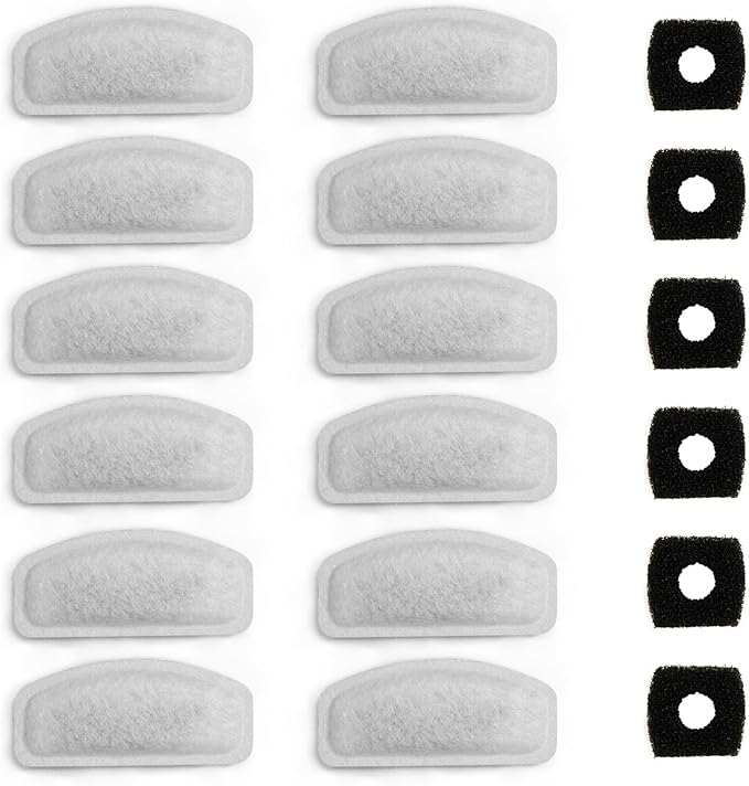 Cat Water Fountain Filter Pet Drinking Fountain Filter, Replacement Filters for D30 67oz/2L Automatic Carbon Pet Water Fountain Filters, Triple Filtration 12 Pack (6Pcs Black Sponge)