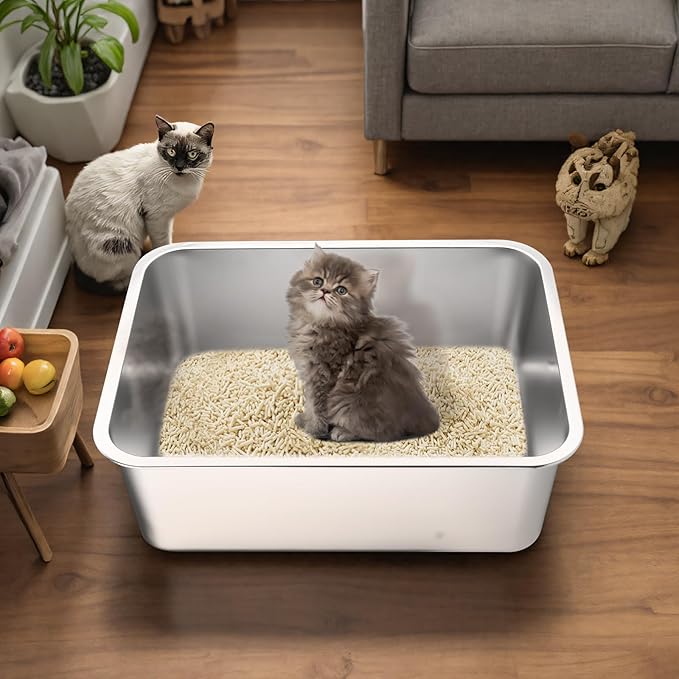 Stainless Steel Cat Litter Box - Large Metal High-Sided Pan for Cats, Pets, Non-Stick, Odor-Free, Easy to Clean, Splash-Proof, Durable ((2 Pack) 17.7" L x 13.8" W x 6" H)