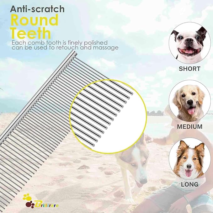 2 Pack Dog Grooming Comb Pet, Stainless Steel Cat Combs with Rounded Teeth, Professional Metal Tear Stain Remover, Dematting Tool for Small, Medium & Large Pets-7.5in