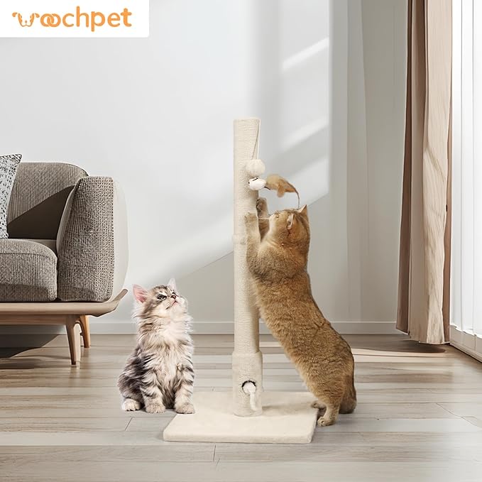 34‘’ Tall Cat Scratching Post with Premium Sisal Rope for Indoor Scratcher Post Tree for Indoor Cat Toy with Mouse Hole, Hanging Ball for Adult Cats and Kittens(Beige)