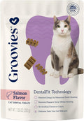 Groovies Cat Daily Dental Treats. Tasty, Crunchy Bites Cats Love. Salmon Flavor. Powered by USA-Patented DentalFit Technology. No Added Gluten, No Artificial Flavors or Colors. 7.05oz (460 Treats)