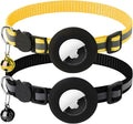 2 Pack Airtag Cat Collar with Bell, Reflective Nylon Kitten Collar with Apple Air Tag Holder and Breakaway Safety Buckle for Puppy Girl Boy Cats, 3/8" in Width and Lightweight, Black/Yellow
