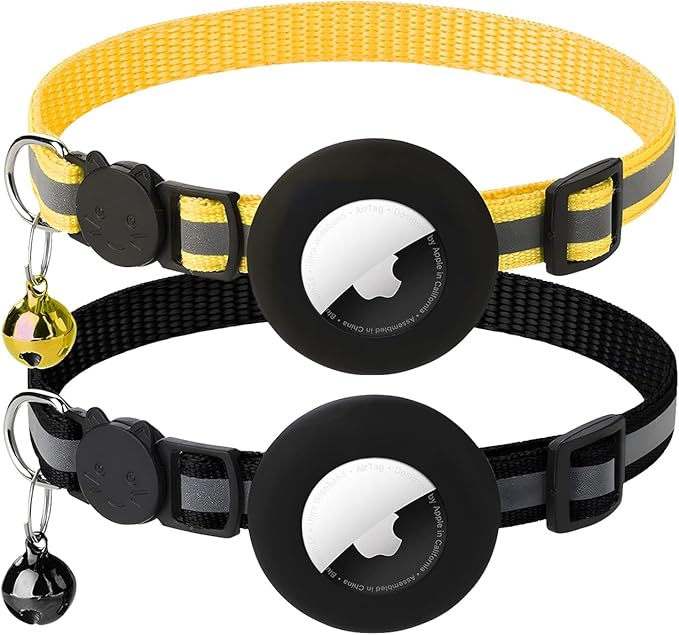 2 Pack Airtag Cat Collar with Bell, Reflective Nylon Kitten Collar with Apple Air Tag Holder and Breakaway Safety Buckle for Puppy Girl Boy Cats, 3/8" in Width and Lightweight, Black/Yellow