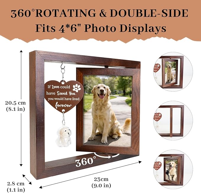 Dog Memorial Gifts for Loss of Dog, Pet Memorial Picture Frame with Two Pet Shaped Fur Keepsake Bottles, Loss of Dog Cat Sympathy Gift, Rotating Wooden Frame for 4x6 Photo