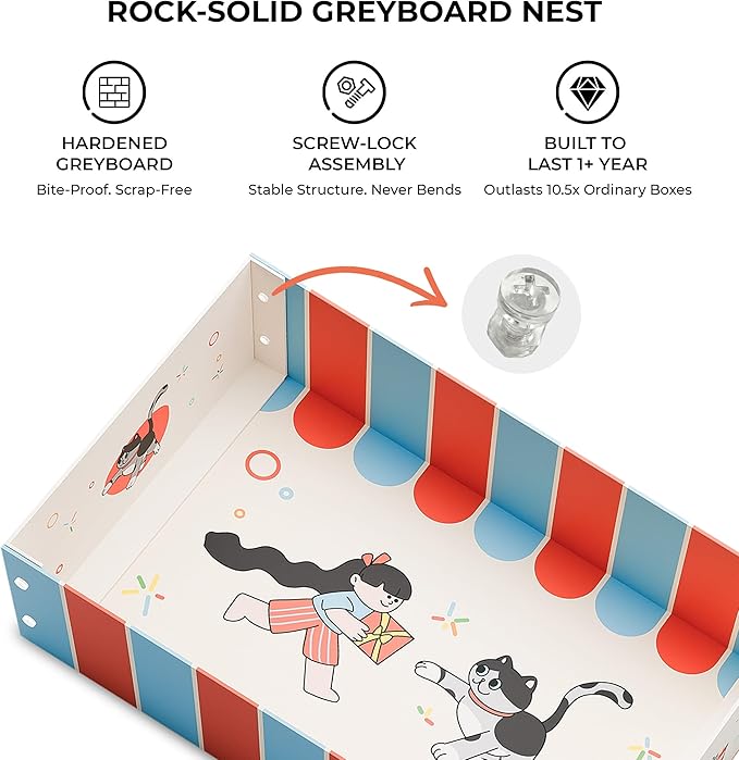 Cat Scratcher Box & Bed – Durable Grayboard Cat Lounge with White Wood-Pulp Scratch Pad, Easy Assembly & Dopamine Color Design for Indoor Cats
