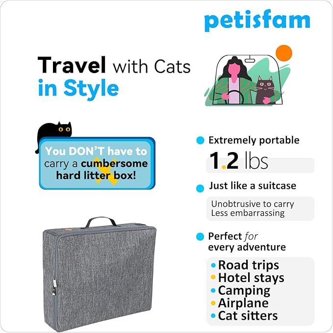 Travel Light with Covered Portable Cat Litter Box Without Any Mess. Ultra-Lightweight, Stop Lugging a Hard Litter Box. Keep Everything Contained. Ideal for Hotel Stays, Car Trips, Flights