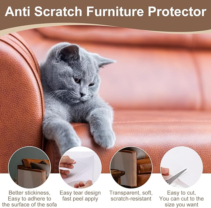uxcell Anti Cat Scratch Furniture Protector, 1 Roll 118" x 7.9" Single-Sided Sticky Couch Protector from Cat Claws, Clear Protectors from Cats Scratching for Sofa Corners, Walls, Doors