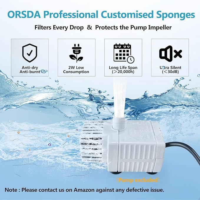 ORSDA Pet Water Fountain Replacement Pump Filters - Compatible with All ORSDA/ZeePet Stainless Steel Dog and Cat Water Fountains (6Pcs Black Pump Filters)