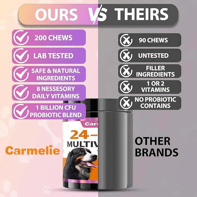Carmelie Dog Vitamins, 24 in 1 Dog Vitamins and Supplements 200 Chews with Glucosamine Probiotics Omega-3 Dog Multivitamins Chewable for Hip & Joint, Skin & Coat, Immune Health, Digestive (Chicken)