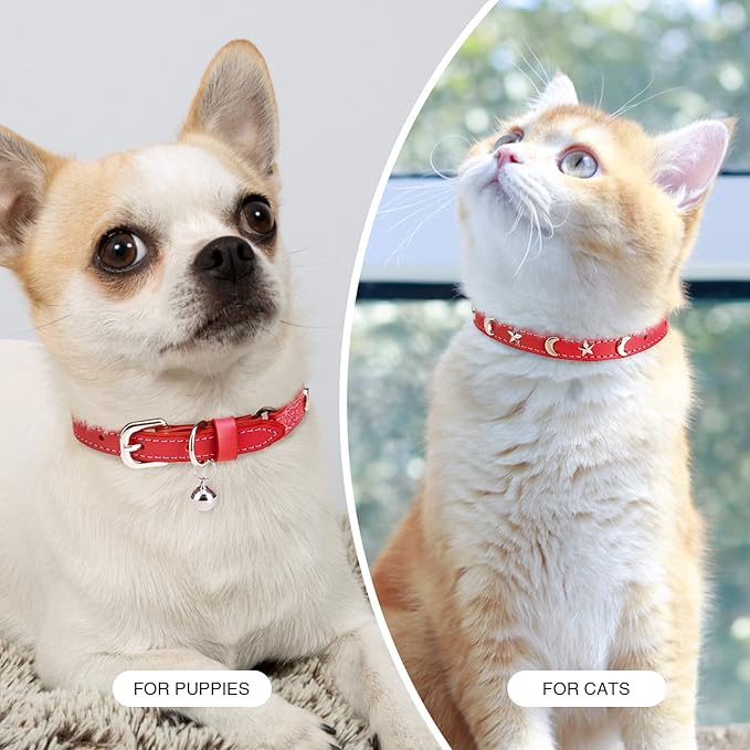 Leather Cat Collars for Boy Girl Cats with Bell and Safety Elastic Belt, Personalized Star and Moon Stud Adjustable Safe Buckle Collar for Kitty Small Big Cats Size 7-9 Inch, Red