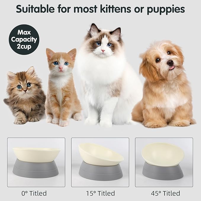 Bulldog Bowl Anti-Slip Dog Cat Dish Detachable Rubber Dog Bowl Pet Sterile Tilted Pet Feeder Slope Base (Grey-2 Cup)