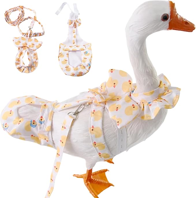 Duck Chicken Harness & Diapers with 4.8-FT Leash Rope & Washable Adjustable Elastic Reusable Diaper Nappy Poultry Cloth for Goose Hen (L, Little Yellow Duck)
