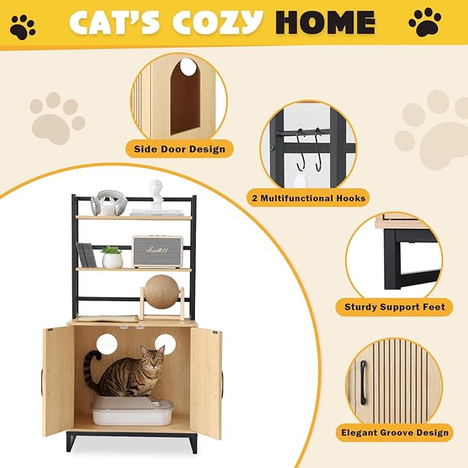 Cat Litter Box Enclosure with 2 Storage Shelves, 2-in-1 Large Hidden Wooden Pet House Furniture with Scratching Mat/Feeding Station/House Condo, Cat Cabinet with Barn Door for Entrance (Large)