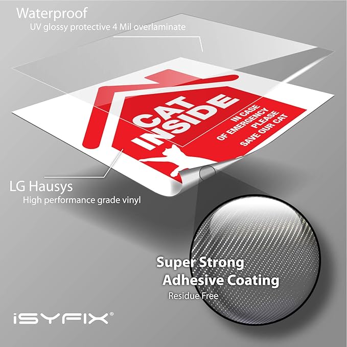 iSYFIX Cat Inside Alert Signs Stickers - 4 Pack 5x5 Inch - Premium Self-Adhesive Vinyl, Laminated for Ultimate UV, Weather, Scratch, Water and Fade Resistance, Indoor and Outdoor Red
