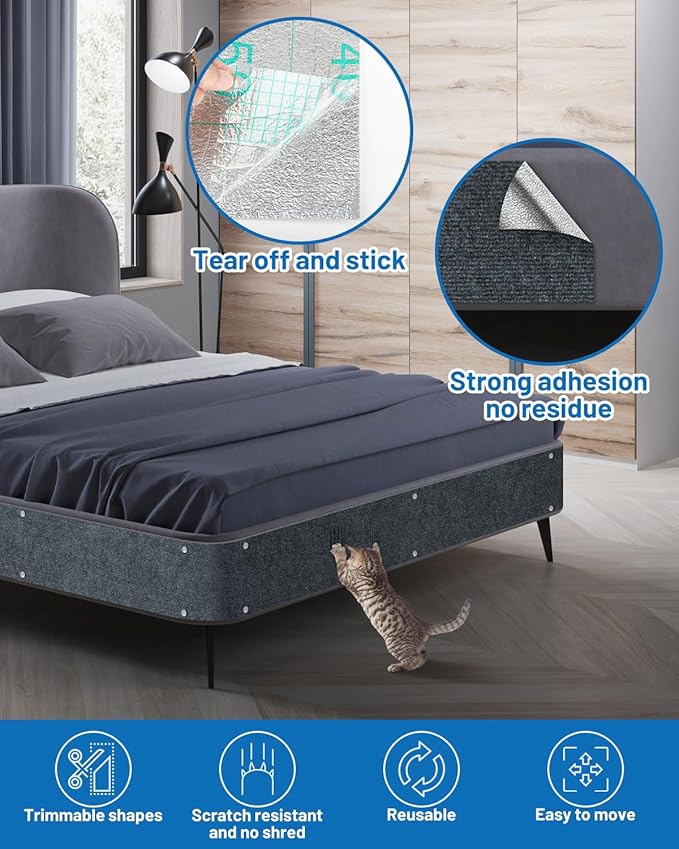 Cat Scratch Couch Furniture Protector, 78.7in x 15.8in Self-Adhesive Cat Scratch Mats, Trimmable DIY Cat Scratcher Pads for Wall, Couch Corner, Cat Tower and Replacement Pads (Gray)